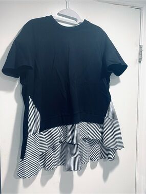 Black Layered Stripe Hem Short Sleeve Top L